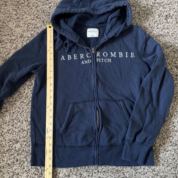 Abercrombie & Fitch Navy Blue Zip-Up Hoodie With Logo Print Lined Hood & Pockets - Picture 4 of 6